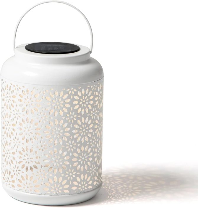 Solar Lantern White Metal Cutout Flower Outdoor Hanging Solar Light with Handle for Garden Patio Yard Outdoor Decor