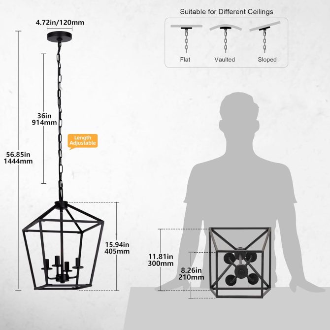 4 Light Chandelier, Industrial Ceiling Light Black Lantern Light Fixtures with Farmhouse Metal Cage Adjustable Height Rustic Geometric Hanging Light E12 Base for Kitchen Island, Entryway, Indoor - Image 2