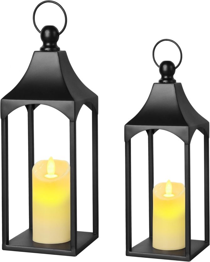 Lanterns Decorative Outdoor Indoor Set of 2 Black Metal Candle Lanterns with Flameless Candle, Modern Farmhouse Lantern Decor for Porch Patio Fireplace Mantle Kitchen Table Christmas Gifts