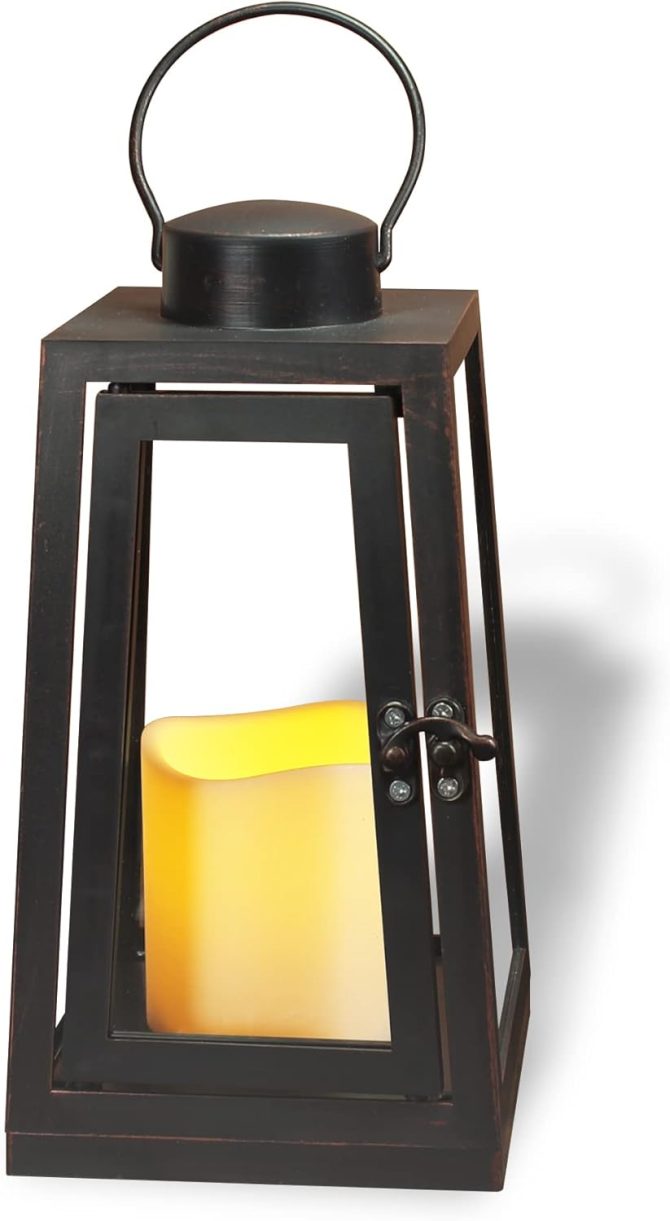 Trapezoidal 8.66"H 1pack Decorative Lantern 8.66" H with Dancing Flame LED Timer Candle, ON/Off/Timer LED Candle with 6 Hours, Hanging Lantern for Outdoor/ Indoor, Garden Use.