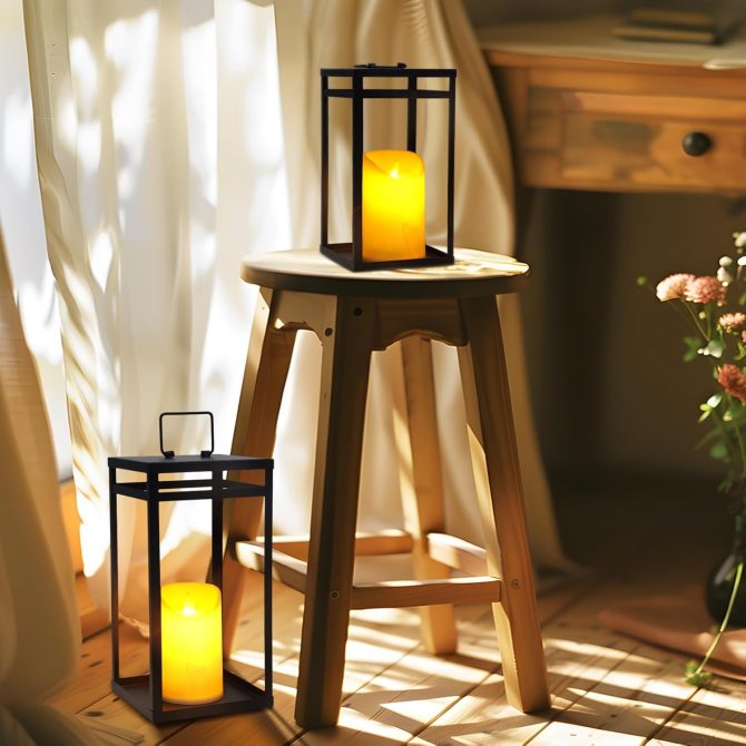 Modern Farmhouse Lantern Decor, 2Pcs Metal Candle Lanterns with Flameless Candles Black Decorative Lantern for Front Porch Covered Patio Dining Table Entryway Table Wedding Home Decor - Image 2
