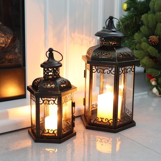 Large Lantern Decorative Outdoor & Indoor, Set of 2 (15’’&11’’) Metal Candle Lanterns Decor, Vintage Hanging Candle Holder for Front Porch Patio Wedding Farmhouse Home, Spring Decoration - Image 2