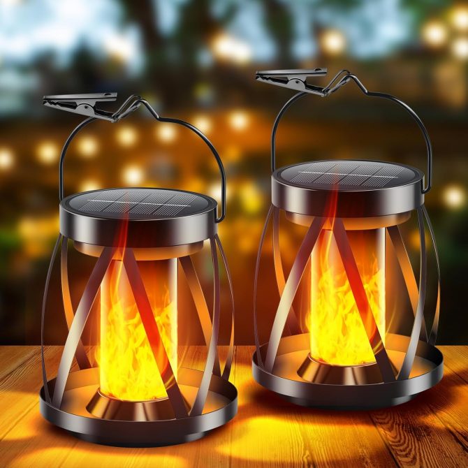 Solar Flickering Flame Lanterns Outdoor Waterproof - Upgraded Brighter Metal Hanging Solar Lights Outdoor, 2 Lighting Modes - Auto On/Off Outdoor Lights for Yard Porch Patio Garden Decor