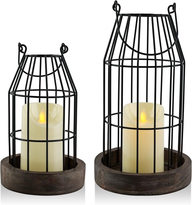 Farmhouse Lanterns - Set of 2 Rustic Home Decor with Flameless Candles, Wire Metal Cloche Decorative Candle Holders for Living Room, Fireplace Mantel, Dining Table (Brown)