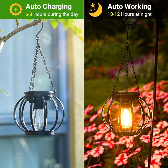 Solar Lanterns Outdoor Lights, Upgraded Metal Solar Lantern, Brighter Hanging Solar Lights Outdoor Waterproof, Auto On/Off Solar Light for Yard Garden Patio Pathway Decor 2 Pack - Image 2