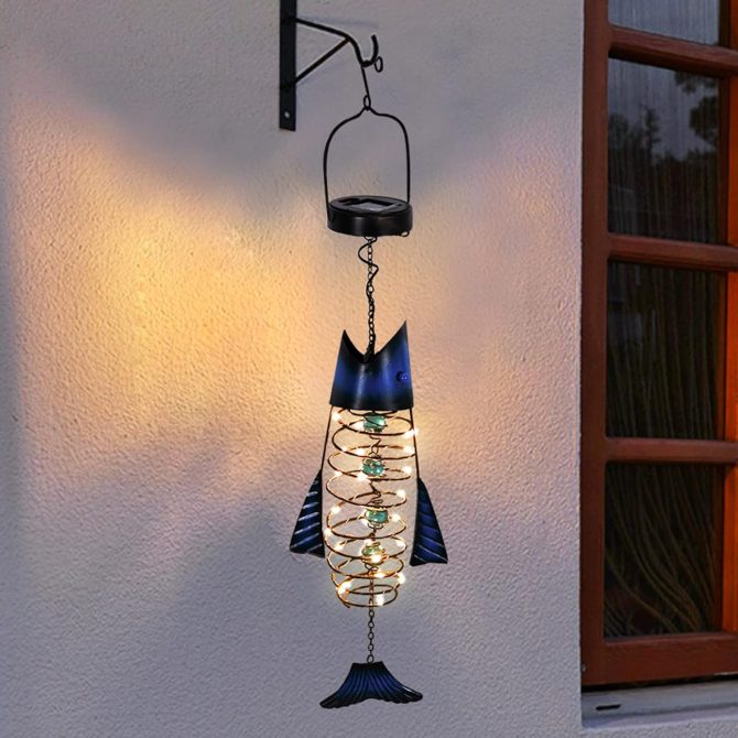 2 Pack Solar Lantern Outdoor - Metal Fish Hanging Decoration - Waterproof Warm LED Lights Outside - Unique Gifts for Garden Man Women Holiday Days, Birthdays, Attractive Addition to Yard Art