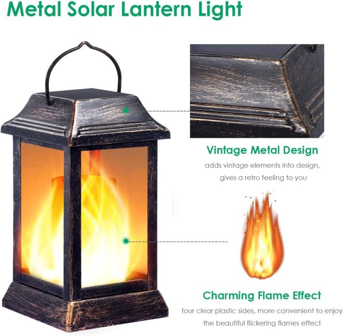 Solar Lights Metal Flickering Flame Solar Lantern Outdoor Hanging Lanterns Lighting Heavy Duty Solar Powered Waterproof LED Flame Lights for Patio Garden Christmas Decorations, 2 Pack (Bronze) - Image 2