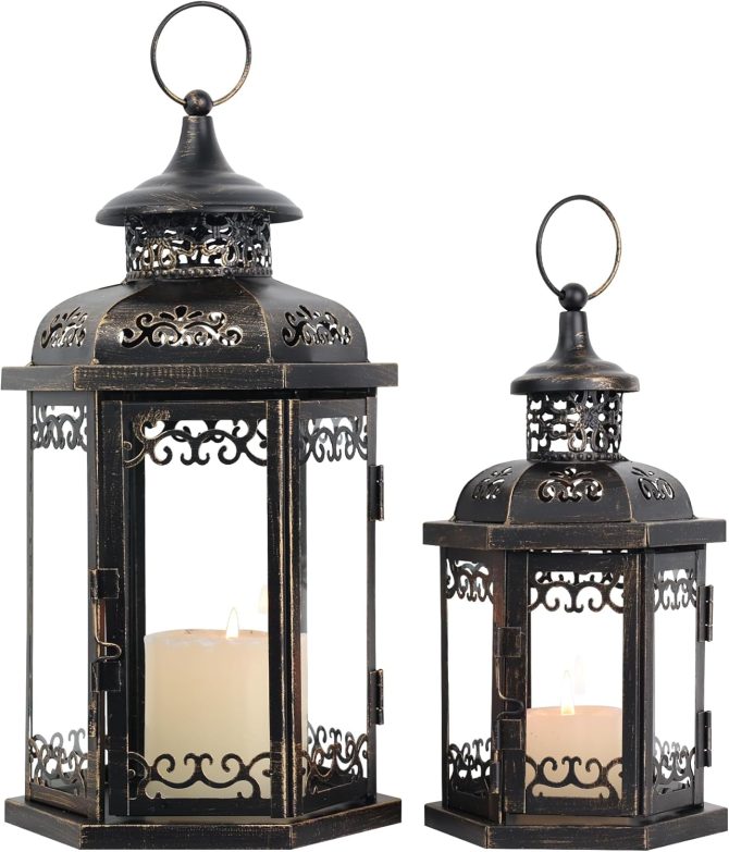 Large Lantern Decorative Outdoor & Indoor, Set of 2 (15’’&11’’) Metal Candle Lanterns Decor, Vintage Hanging Candle Holder for Front Porch Patio Wedding Farmhouse Home, Spring Decoration