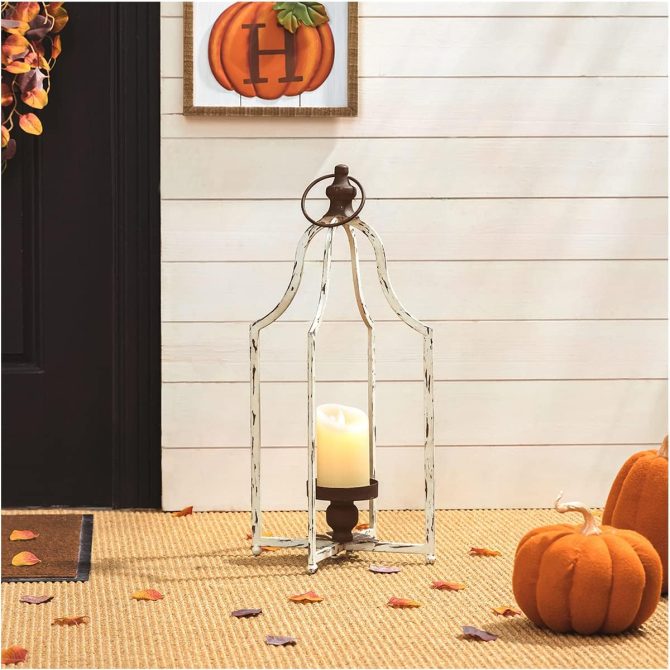 Farmhouse White Metal Lanterns Decorative Hanging Candle Lanterns (White Large)