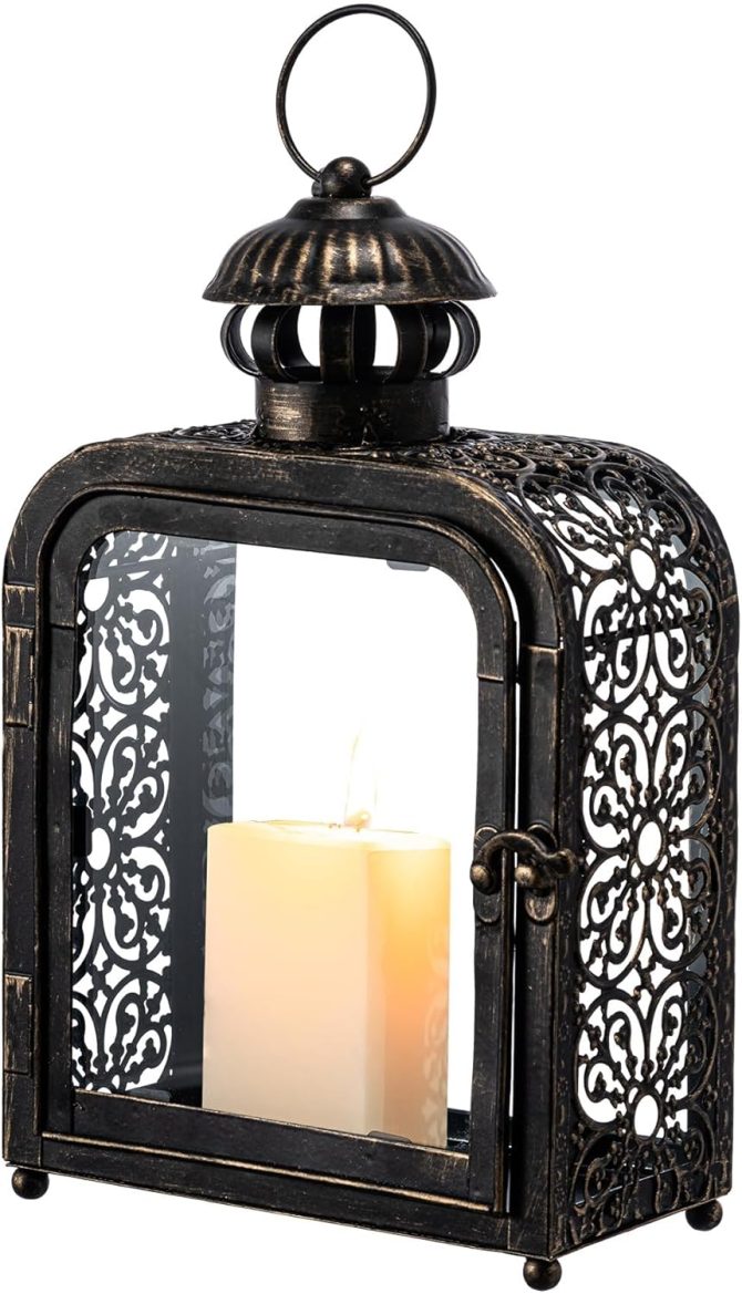 Candle Lantern Decorative Indoor & Outdoor, Vintage Metal Lanterns with Clear Glass, Tabletop&Hanging Candle Holders for Patio Front Porch Home Decor, Christmas Decorations (Bronze)
