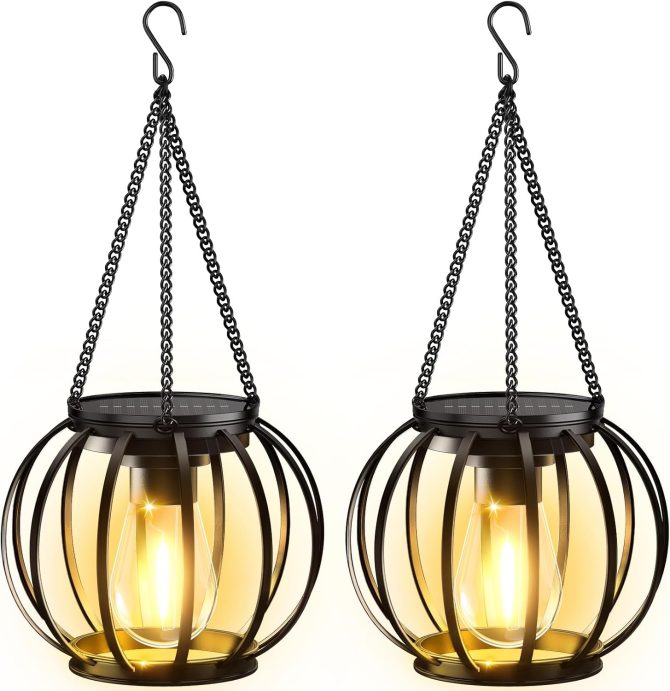 Solar Lanterns Outdoor Lights, Upgraded Metal Solar Lantern, Brighter Hanging Solar Lights Outdoor Waterproof, Auto On/Off Solar Light for Yard Garden Patio Pathway Decor 2 Pack