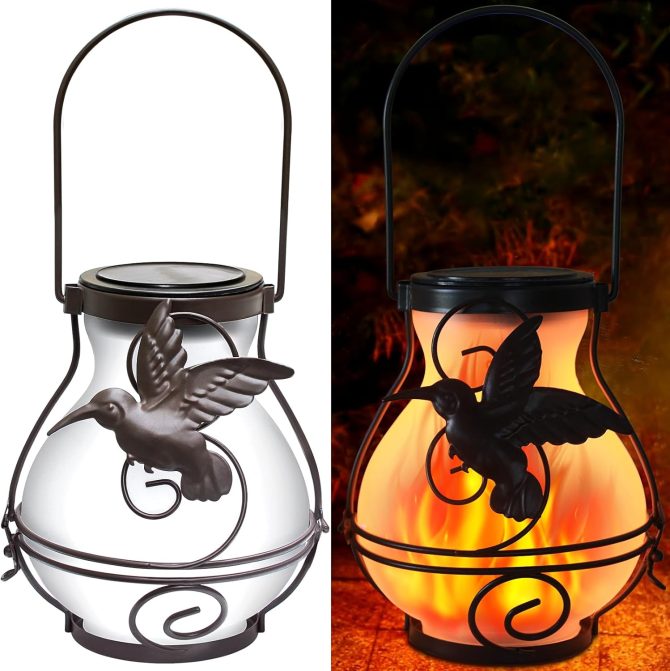 2 Pack Solar Flickering Flame Lights,Outdoor Upgraded Metal Lantern for Hanging Solar Powered Waterproof LED Flame Glass Lanterns for Patio Garden Christmas Halloween Decorations