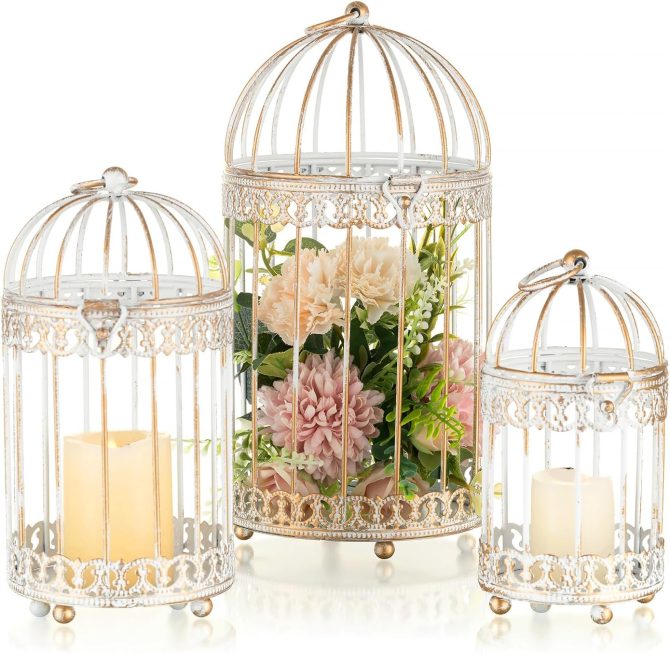 Decorative Candle Lanterns White: 3 Pcs Distressed White Metal Bird Cage Indoors Lantern Centerpiece Assorted Rustic Birdcage Pillar Candle Holders for Home Living Room Porch Office Decoration