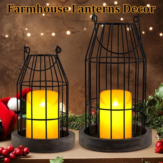 Farmhouse Lanterns - Set of 2 Rustic Home Decor with Flameless Candles, Wire Metal Cloche Decorative Candle Holders for Living Room, Fireplace Mantel, Dining Table (Brown) - Image 2