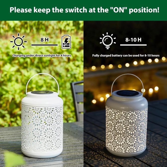 Solar Lantern White Metal Cutout Flower Outdoor Hanging Solar Light with Handle for Garden Patio Yard Outdoor Decor - Image 2