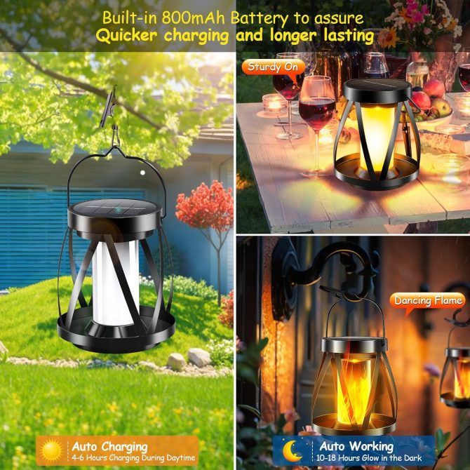 Solar Flickering Flame Lanterns Outdoor Waterproof - Upgraded Brighter Metal Hanging Solar Lights Outdoor, 2 Lighting Modes - Auto On/Off Outdoor Lights for Yard Porch Patio Garden Decor - Image 2