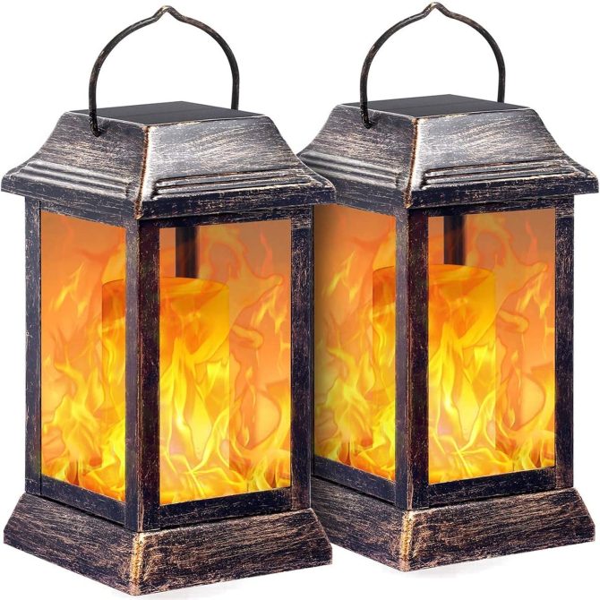 Solar Lights Metal Flickering Flame Solar Lantern Outdoor Hanging Lanterns Lighting Heavy Duty Solar Powered Waterproof LED Flame Lights for Patio Garden Christmas Decorations, 2 Pack (Bronze)