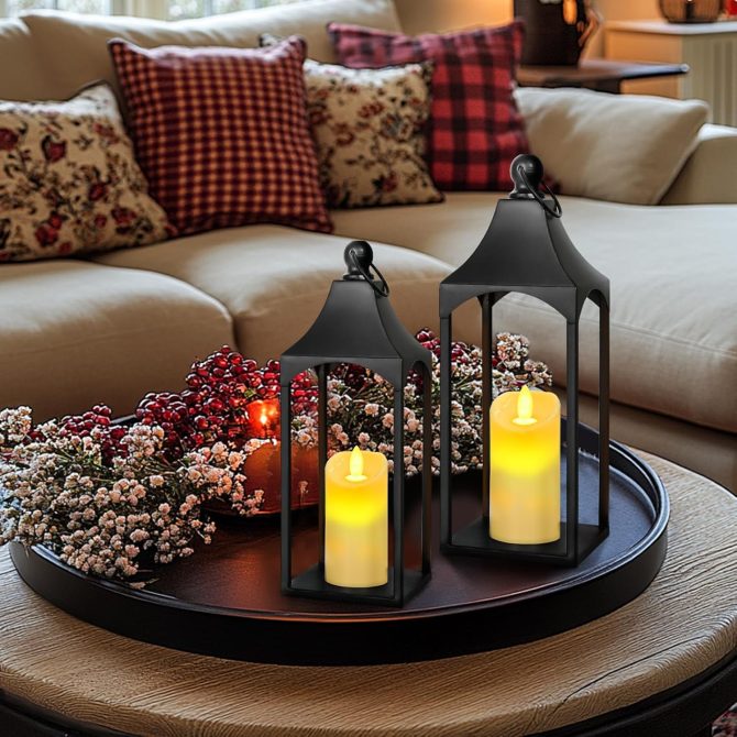 Lanterns Decorative Outdoor Indoor Set of 2 Black Metal Candle Lanterns with Flameless Candle, Modern Farmhouse Lantern Decor for Porch Patio Fireplace Mantle Kitchen Table Christmas Gifts - Image 2