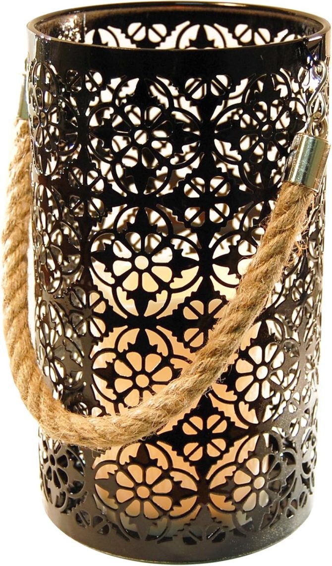 Metal Lantern with Battery Operated Candle - Black Jacquard