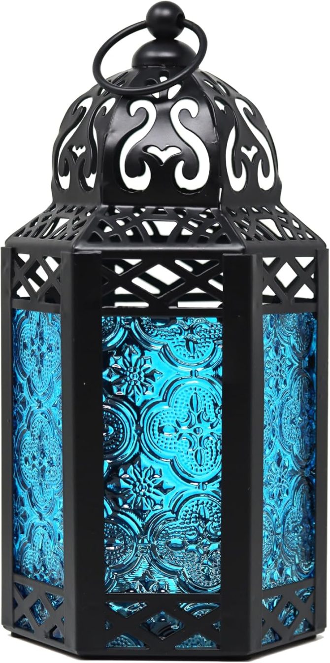 Small Black Metal Decorative Moroccan Lantern Candle Holder Lamp - Indoor/Outdoor, Home Decor, Patio, Weddings, Christmas, Blue