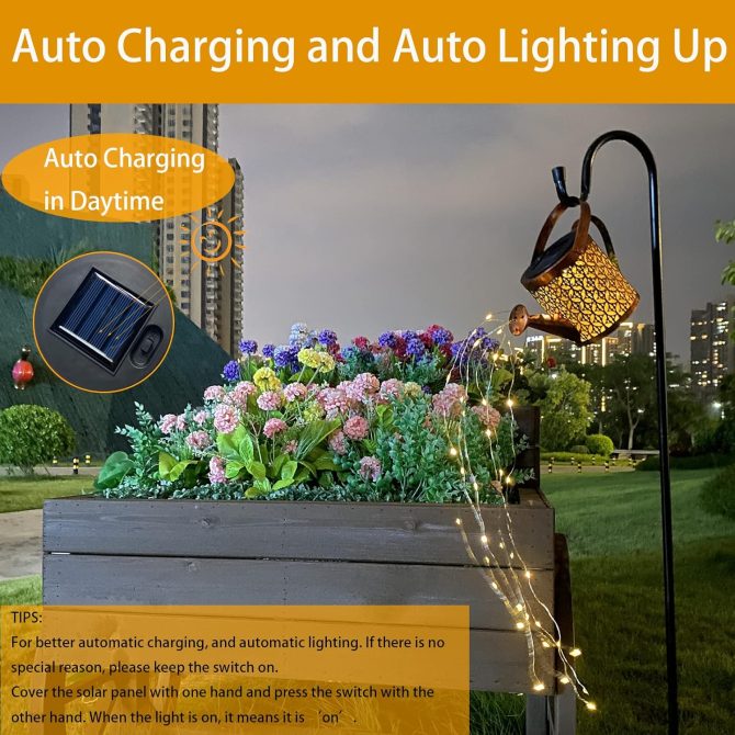 Solar Lanterns Outdoor Waterproof,Metal Watering Can Garden Decor,Hanging Solar Path Lights Yard Art,Outside Patio Decorations Gardening Birthday Gifts for Mom Grandma Women,with Hook,Large - Image 2