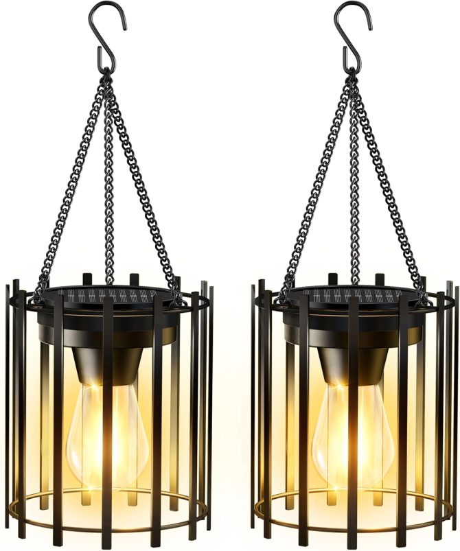 Solar Lanterns Outdoor Waterproof, 14.56" Upgraded Bright Hanging Solar Lights Outdoor Lanterns Decorative, Auto ON/Off Metal Hanging Lantern Lights for Pathway Yard Patio Garden Decor 2 Pack