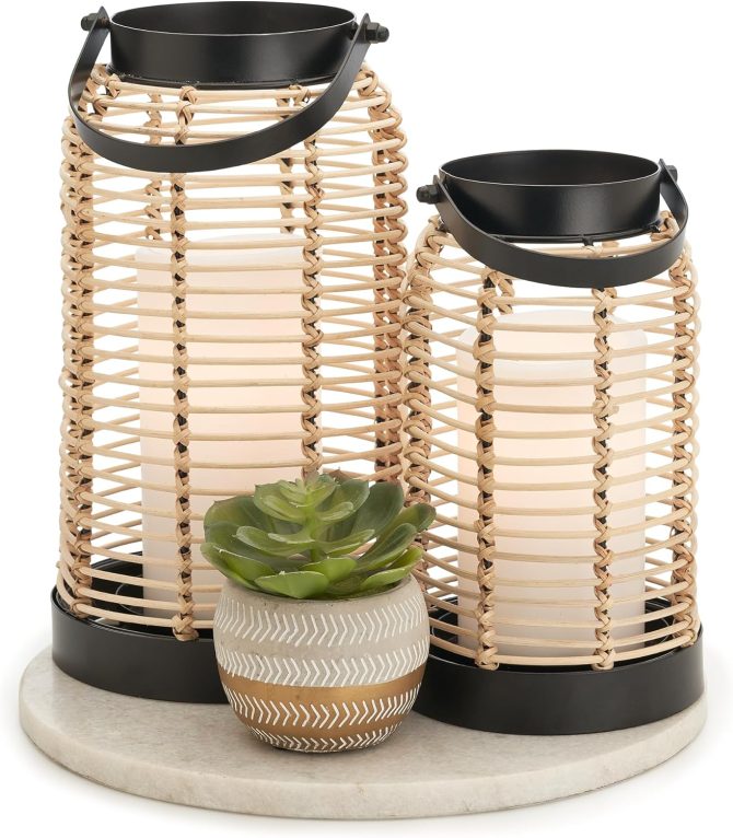 Natural Rattan Boho Lanterns - Handcrafted Decor to Enhance Your Home - Modern Farmhouse Beauty Perfect for Any Living Room, Patio & Porch, Indoor and Outdoor Coffee Table or Kitchen Dining Table