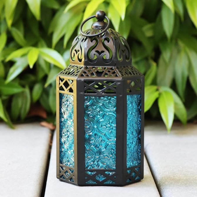 Small Black Metal Decorative Moroccan Lantern Candle Holder Lamp - Indoor/Outdoor, Home Decor, Patio, Weddings, Christmas, Blue - Image 2