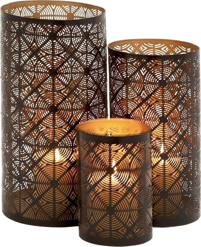 Metal Geometric Indoor Outdoor Candle Lantern Decorative Lantern Candle Holder, Set of 3 Lantern 12", 10", 6"H, Dark Brown