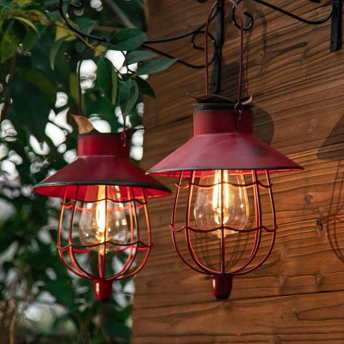 2 Pack Solar Lantern Hanging Waterproof Outdoor Metal Solar Lamp with Warm White Light Decorate for Yard Garden Pathway Patio Porch Decor (Red)