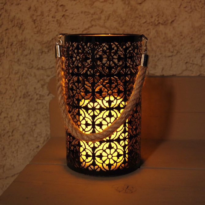 Metal Lantern with Battery Operated Candle - Black Jacquard - Image 2